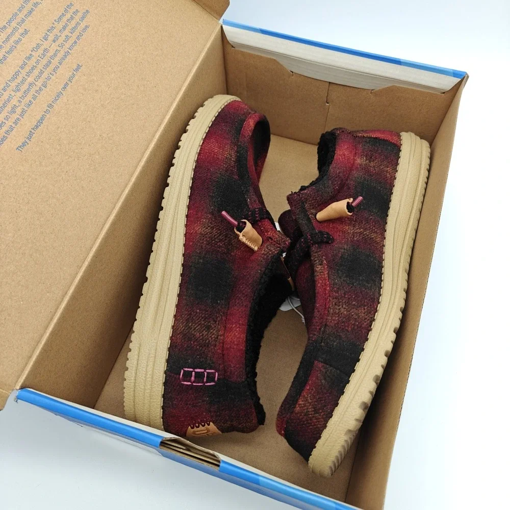 HEYDUDE Wally Cozy Plaid Men's Size 12 Red Plaid Black Slip On Shoes 44341-6RQ